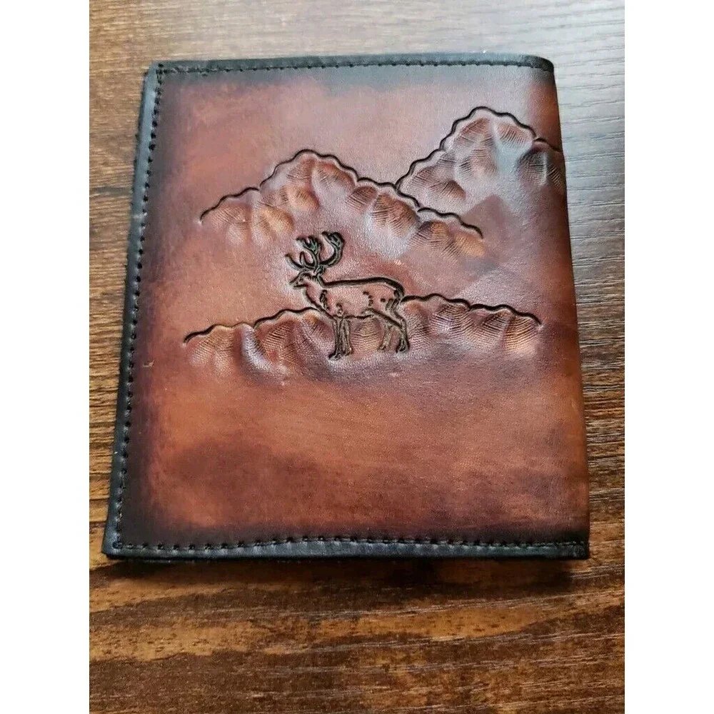 Oleg Cassini by Lyntone Men's Bi-Fold Brown Leather Wallet Box Buck Hunting NOS